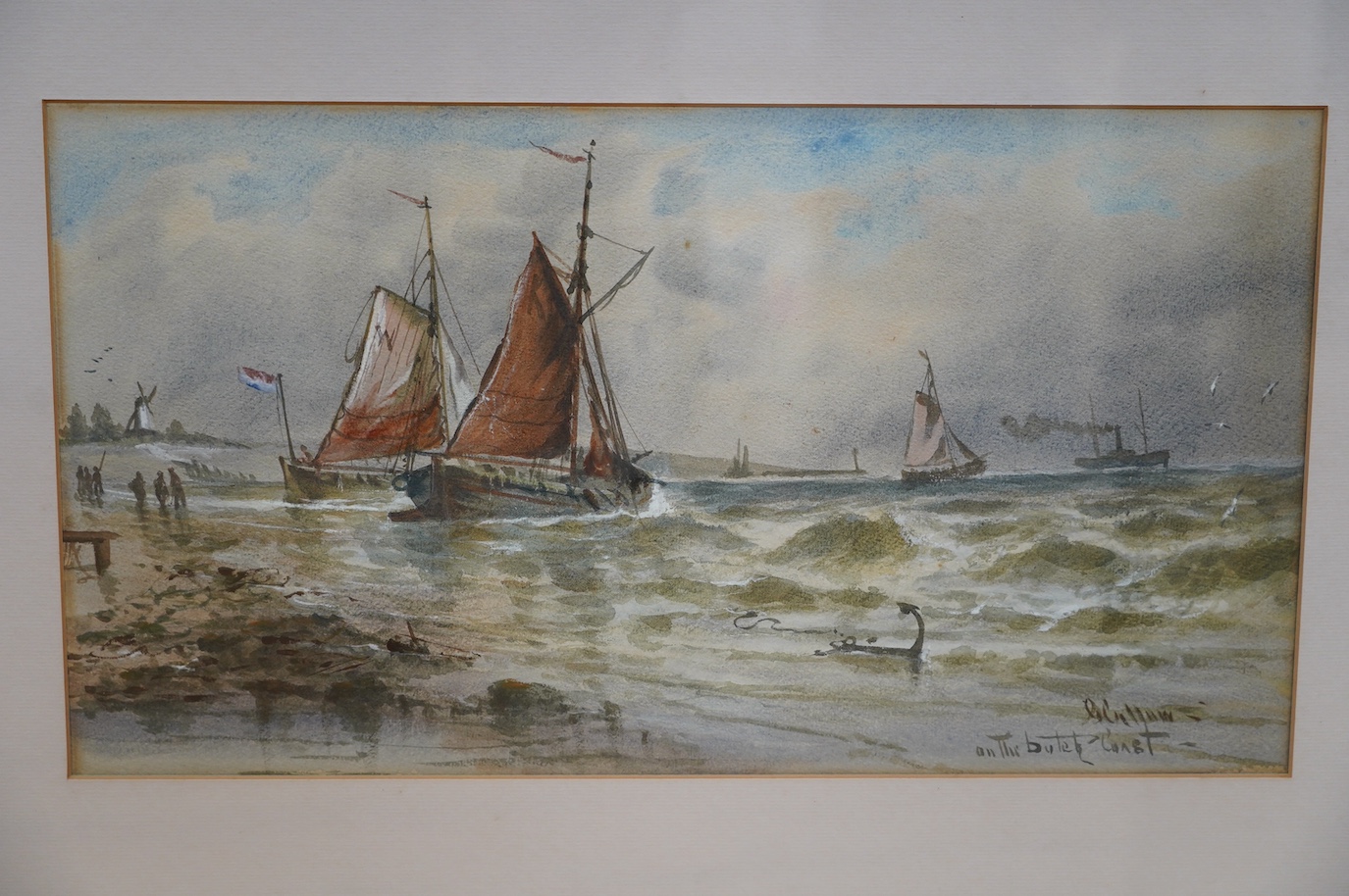 John Callow O.W.S. (1822-1878), pair of framed watercolours, ‘Morning on the Thames’ and ‘Dutch Coast’, 24 x 46cm. Condition - fair to good